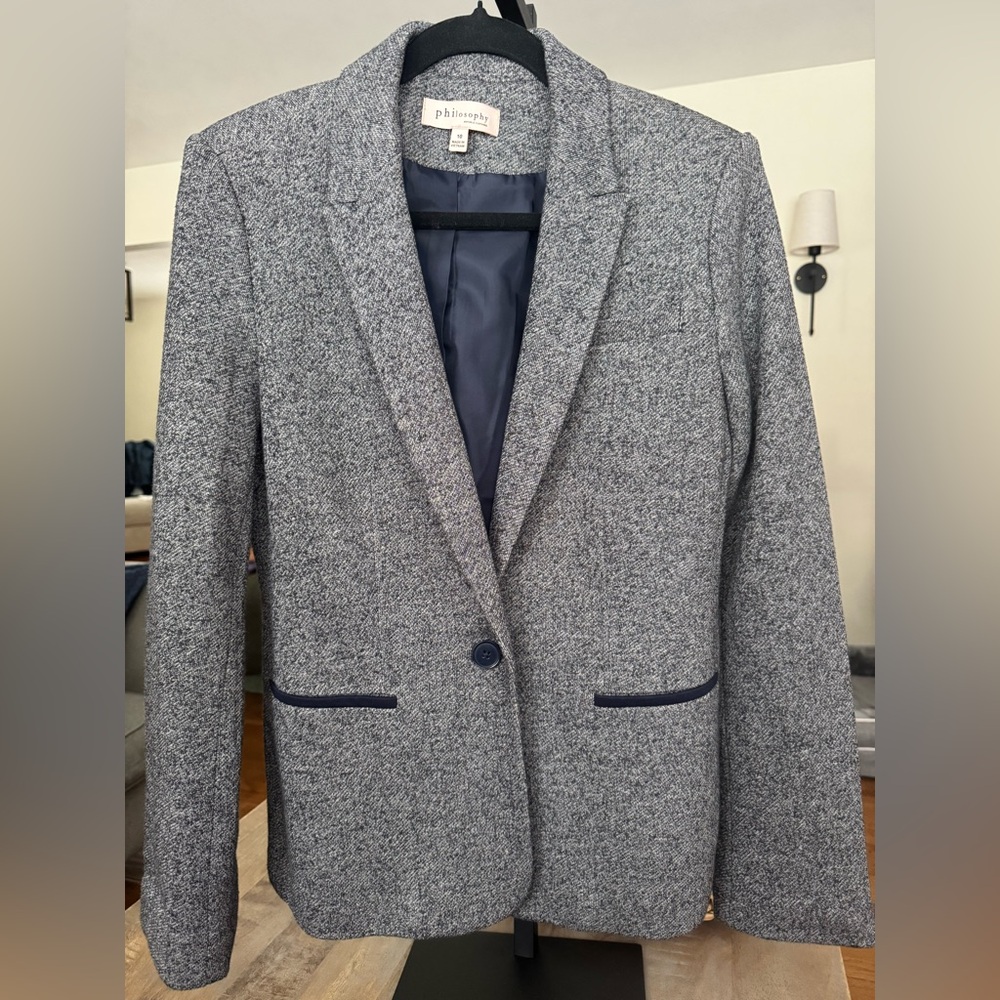 Philosophy Gray Tweed Blazer with Navy Trim